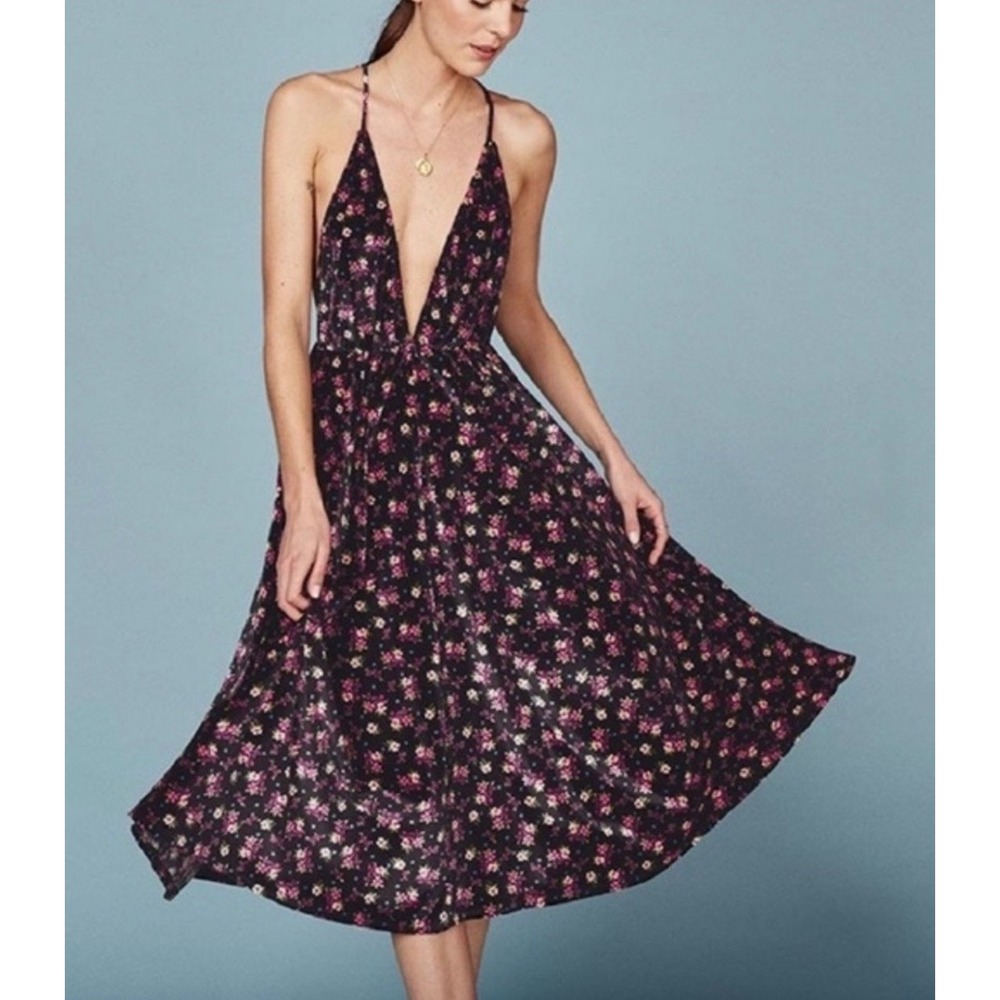 Reformation‎ Coppola Black Floral Velvet Midi Dress Size 4